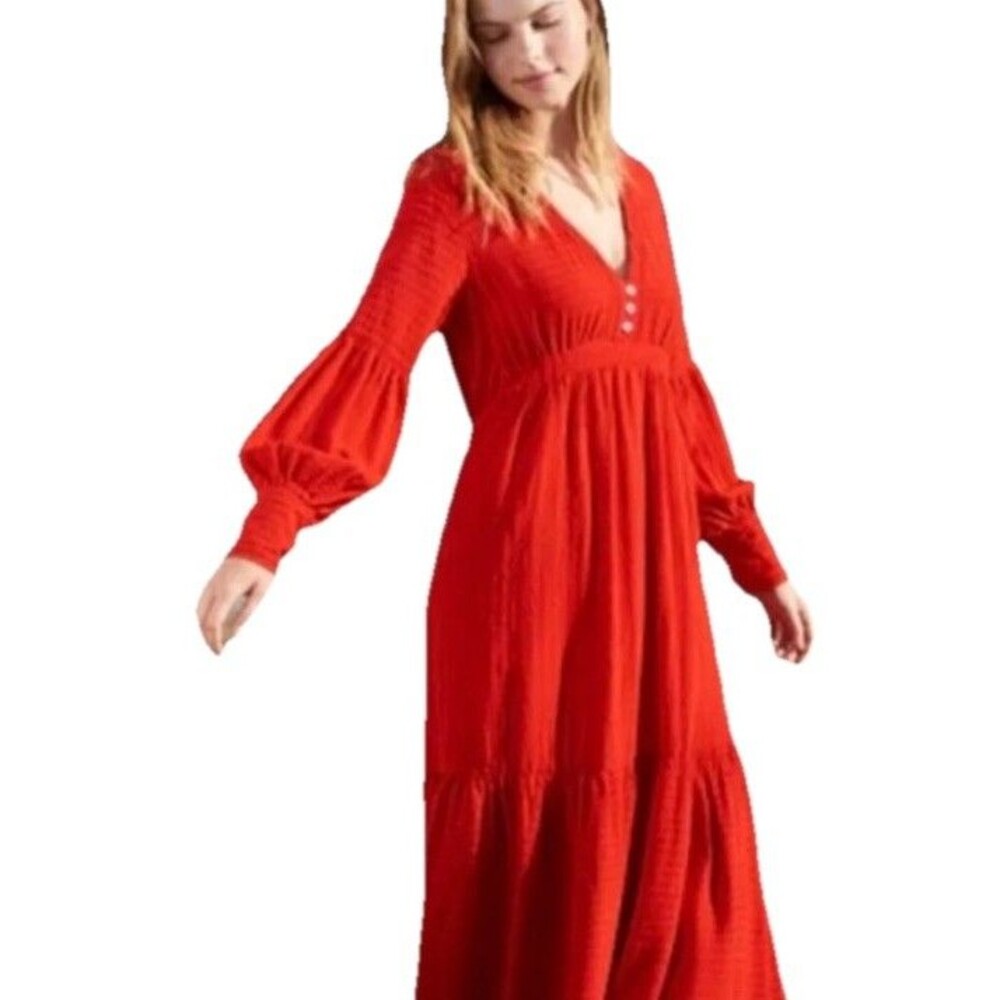 Anthropologie Amadi Alisha Linen Maxi Dress XL Long Sleeves Textured Holiday Red - Picture 2 of 16